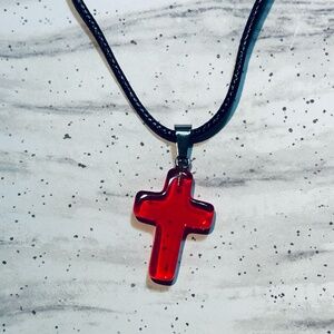Red Cross Pendant Necklace on Black Leather Cord
